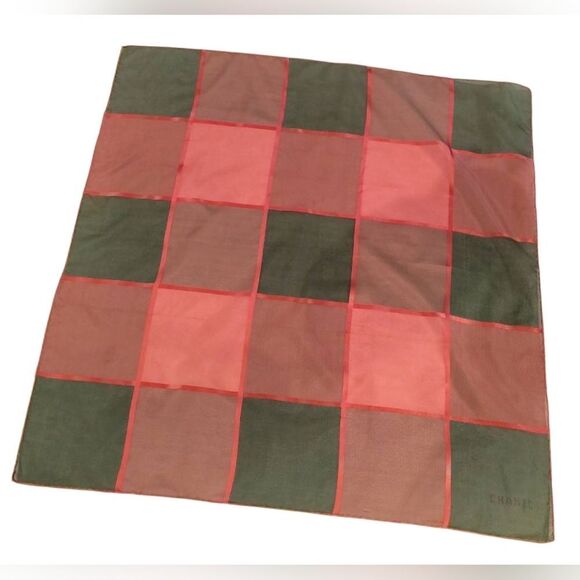 Vintage Checkered Square Scarf Pink & Grey Ribbon Rolled Hem - Picture 11 of 11